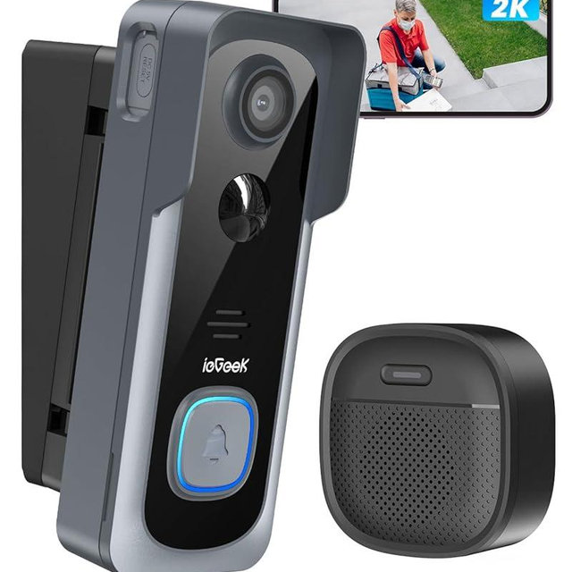 ieGeek 2K Wireless Doorbell Camera No Subscription with 145° Adjustable Angle Mount, Smart Video Doorbell with Chime, Motion Detection, 2-Way Talk Voice Changer, Works with Alexa, Only 2.4Ghz WiFi