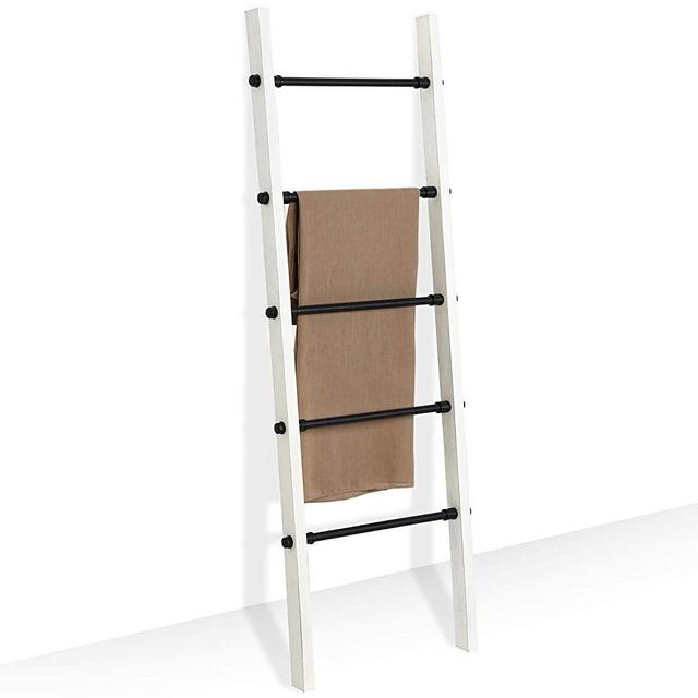 MyGift 5-ft Urban Rustic Wall-Leaning Vintage White Wood and Metal Pipe Towel and Blanket Ladder Storage Rack with 5 Rungs