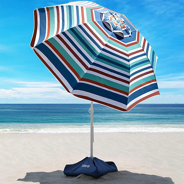 OutdoorMaster Beach Umbrella with Sand Bag - 6.5ft Beach Umbrella with Sand Anchor, UPF 50+ PU Coating with Carry Bag for Patio and Outdoor - Blue/Red Striped