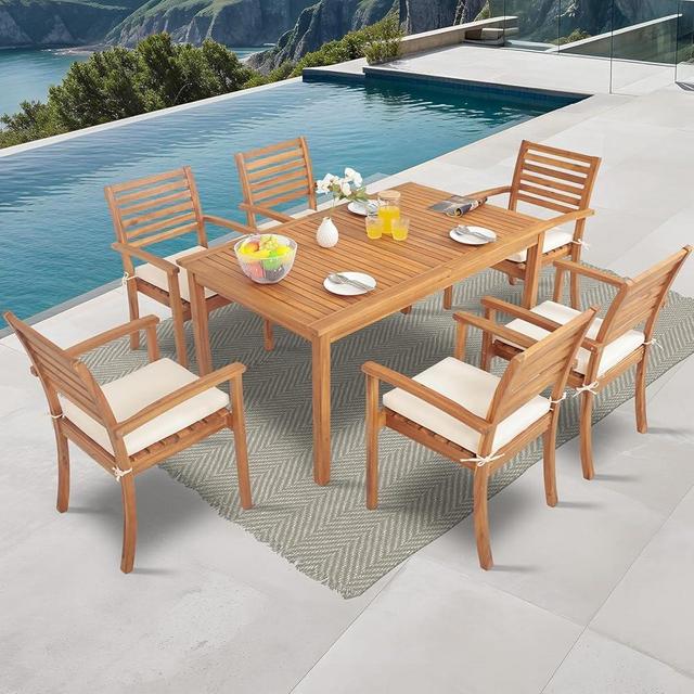 Olaterior 7 Piece Patio Dining Set, Outdoor Acacia Wood Dining Table and Chair Set for 6, Expandable Rectangular Table & 6 Stackable Dining Chairs with Soft Cushions for Lawn, Garden, Backyard, Cream