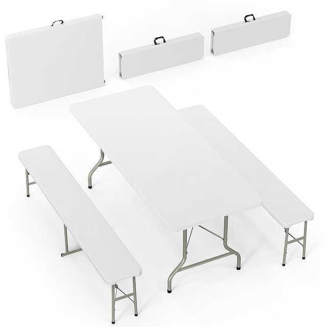 Bonnlo White Folding Picnic Table Set with 2 Benches, 6 Feet Camping Table Chair Set, Modern Portable 3-Piece Furniture for Indoor/Outdoor Use, White Folding Picnic Table with Smooth Tabletop