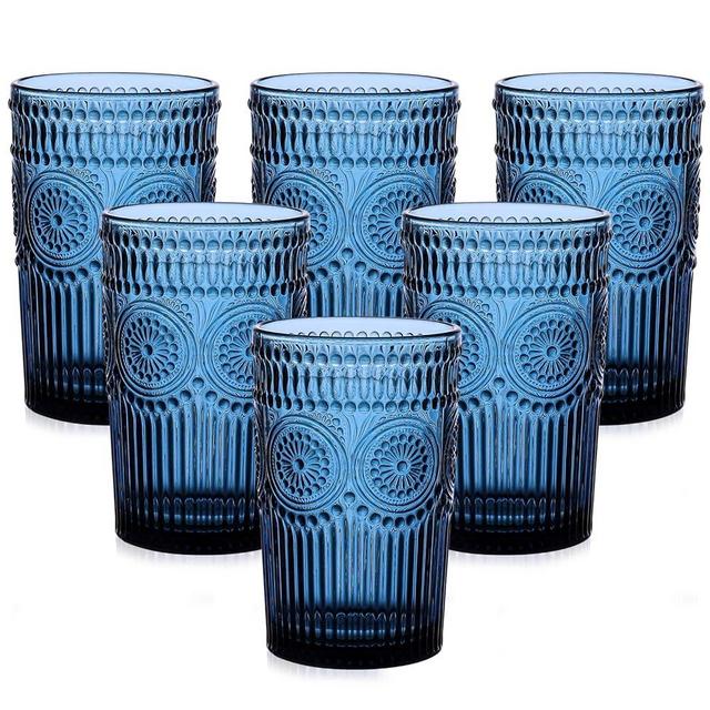 ZMOWIPDL Vintage Glassware Drinking Glasses Set of 6,13 oz Blue Textured Flower Design Glass Water Tumblers，Embossed Striped Drinkware for Water,Cocktails,Juice,Iced Coffee
