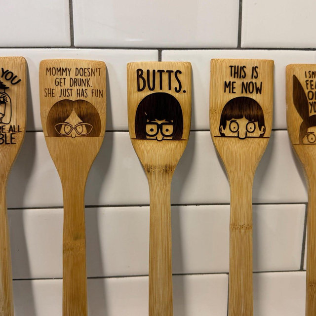 Bob’s Burgers Bamboo Spatula – Laser Engraved with Belcher Family Quotes – Unique Kitchen Gift