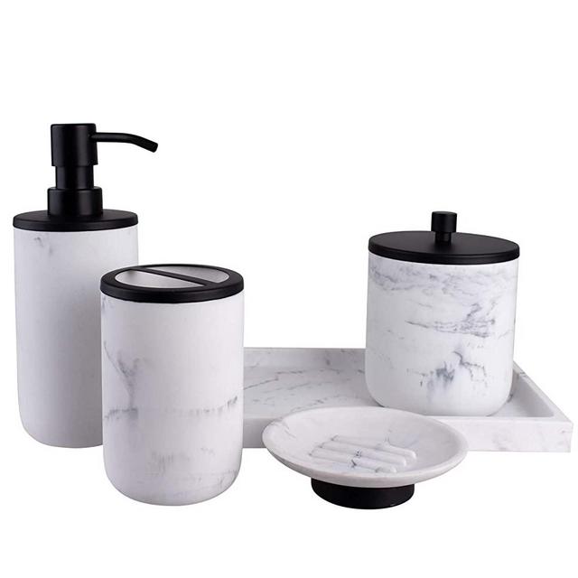 L'MKI Bathroom Soap Dispenser Set - Bathroom Toothbrush Holder Set, Marble Bathroom Accessories, Matte Black Bathroom Accessories Set, Farmhouse Bathroom Decor, 5-Piece Bathroom Accessories Set