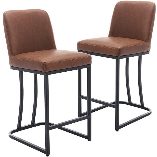 Wahson Set of 2 Faux Leather Upholstered 24" H Counter Height Stools, Classic Modern Fabric Bar Stools for Kitchen Island, with Black Metal Frame, Tan Brown