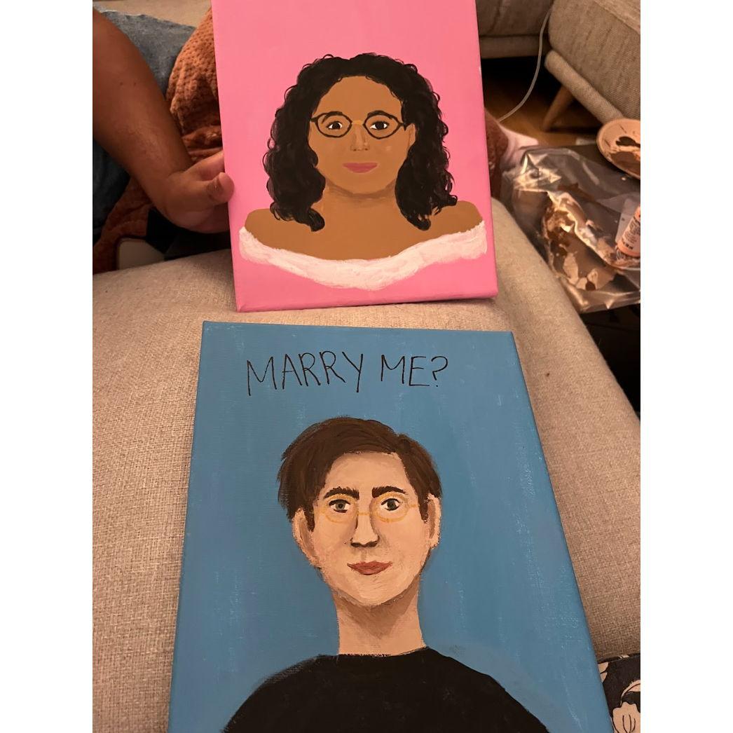 We painted each other and Monica planned it as the perfect opportunity to propose to Eli, gifting him his favorite watch.