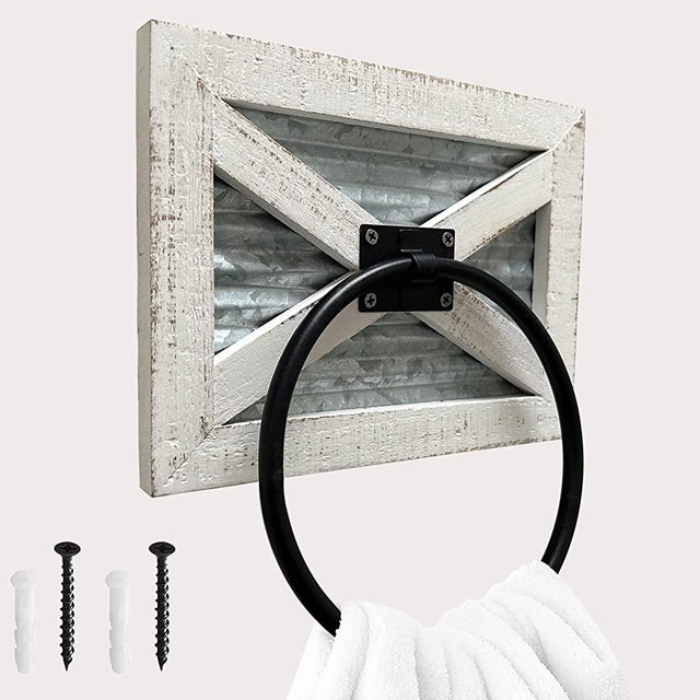 Farmhouse Bathroom Rustic Towel Ring with Galvanized Metal& Black Metal - Rustic Weathered White Wood Wall Mount Hand Towel Holder for Country Bathroom Decor