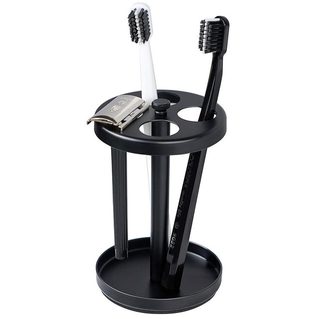 Black Stainless Toothbrush Holder Stand: Rustproof Bathroom Countertop Organizer, 4 Ventilated Slots Hold Manual Toothbrushes, Razor, Toothpaste Tube, Non‑Slip Compact Sink Caddy
