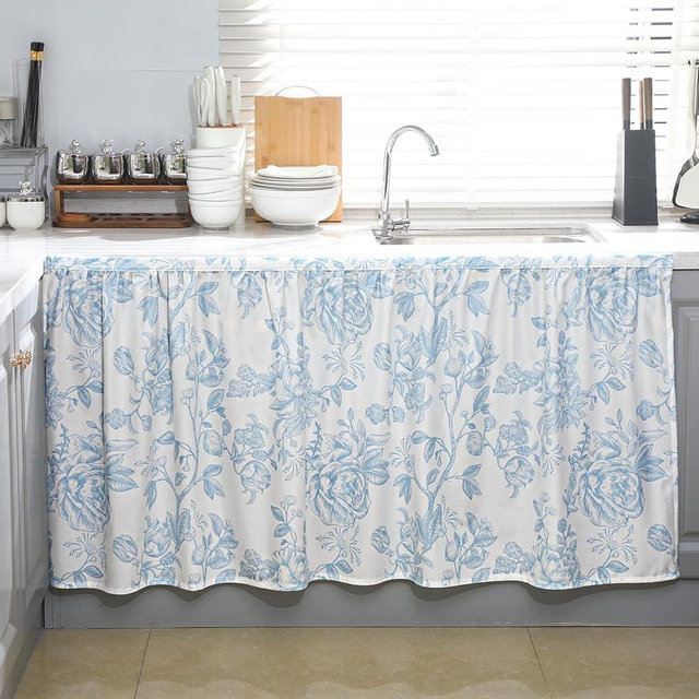 VitalCozy Cabinet Curtains 28" W x 51" L Sink Skirt for Bathroom Kitchen Blue Flower Floral Spring Cabinet Curtains for Classroom Home Farmhouse Rustic Drape Under Desk Privacy Drape for Laundry Room