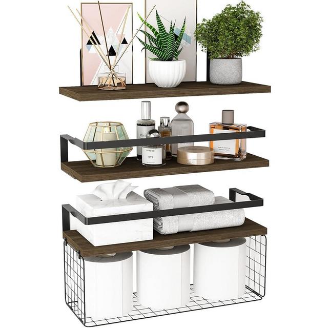 REALINN Floating Shelves with Storage Basket, Wall Mounted Bathroom Shelves Over Toilet Paper Holder Storage, Farmhouse Floating Shelf for Wall Decor, Bedroom, Living Room, Study, Kitchen -Brown