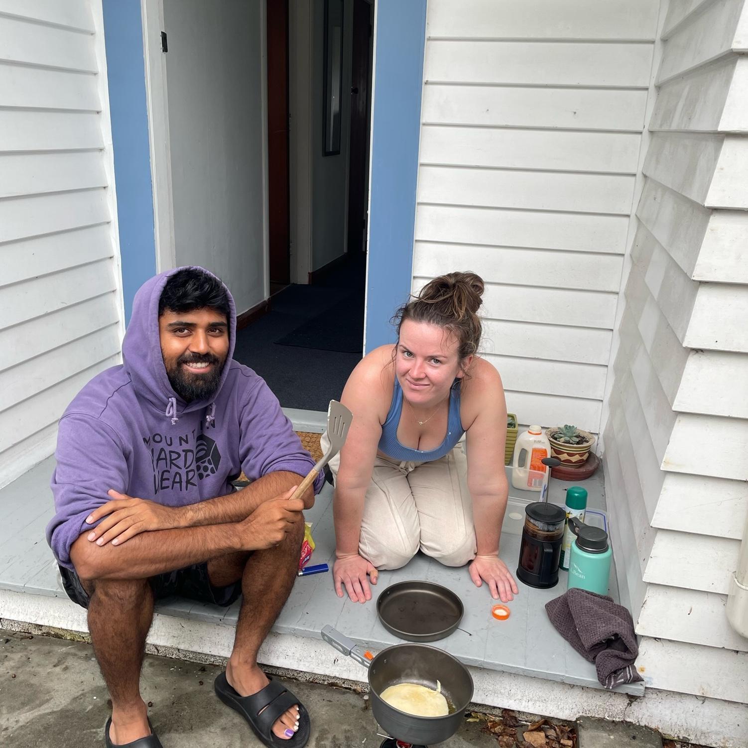 March 2023 - Napier, New Zealand - Cyclone Gabrielle absolutely cooked us. Stuck at this Airbnb for 4 days without electricity, 1/3 tank of gas, and all the bridges in and of town had collapsed..... so naturally we made some porch pancakes! S/o HB