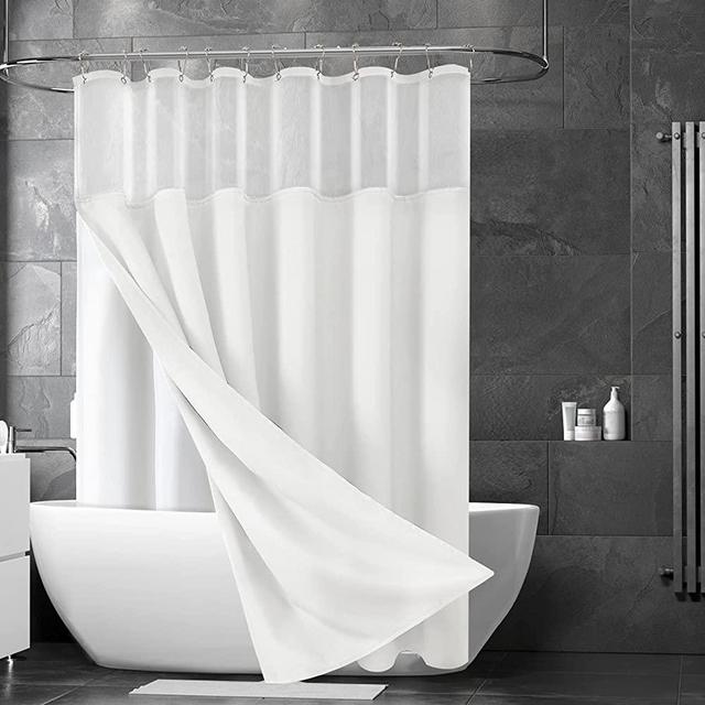 White Shower Curtain with Snap in Liner Set, Polyester Shower Curtains for Bathroom,Waterproof Shower Curtain with 12 Hooks, Machine Washable, Heavyweight Fabric & Mesh Top Window 72 X 72 Inches