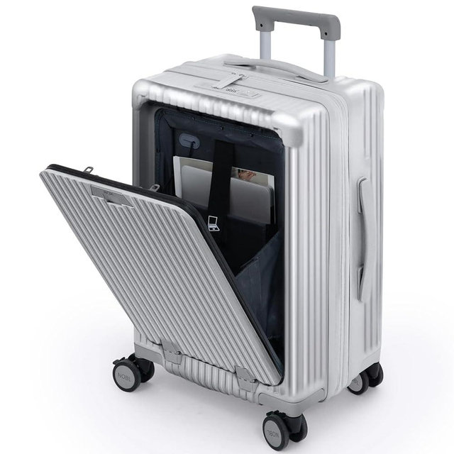 Nobl Travel Carry On Expandable Luggage, Noble Aluminum Frame PC Hard Shell Suitcase, 22.5”x14.2”x9.8” Airline Approved, 360° Spinner Wheels, TSA Locks, USB Charging, Cup & Phone Holder - Silver