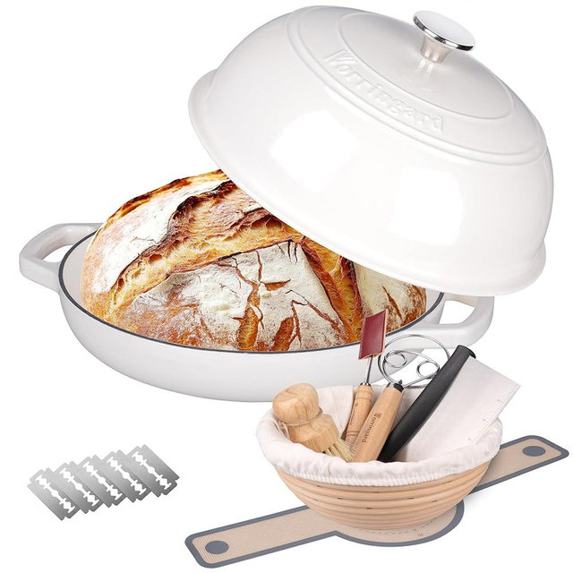 VORRINGARD Enameled Cast Iron Dutch Oven Pot with Lid, Bread Oven for Sourdough Bread Baking, Dutch Ovens with Bread Proofing Basket& Baking Supplies Set, 6 Quart, White