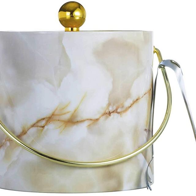 Hand Made In USA Gold Marble Double Walled 3-Quart Insulated Ice Bucket With Bonus Ice Tongs