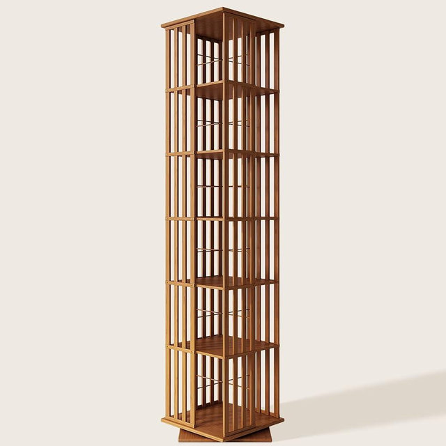 XIMN 360° Rotating Bamboo CD/DVD Shelf - 6-Tier Space-Saving Media Storage Cabinet for Movies, Organizer with Super Compact Design (Walnut, 6 Tier)