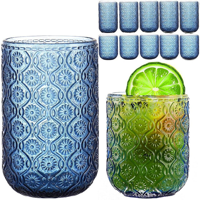 FERAHI Blue Drinking Glasses Set of 12, 12 Oz Highball & 10 Oz Cocktail Glasses, Blue Kitchen Vintage Glassware Set, Floral Embossed Glass Tumbler Cups for Water, Beer, Juice, Whiskey, Coffee
