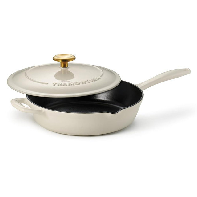 Tramontina Bestow Enameled Cast Iron Skillet with Lid, 10-inch Frying Pan, Latte with Gold Knob