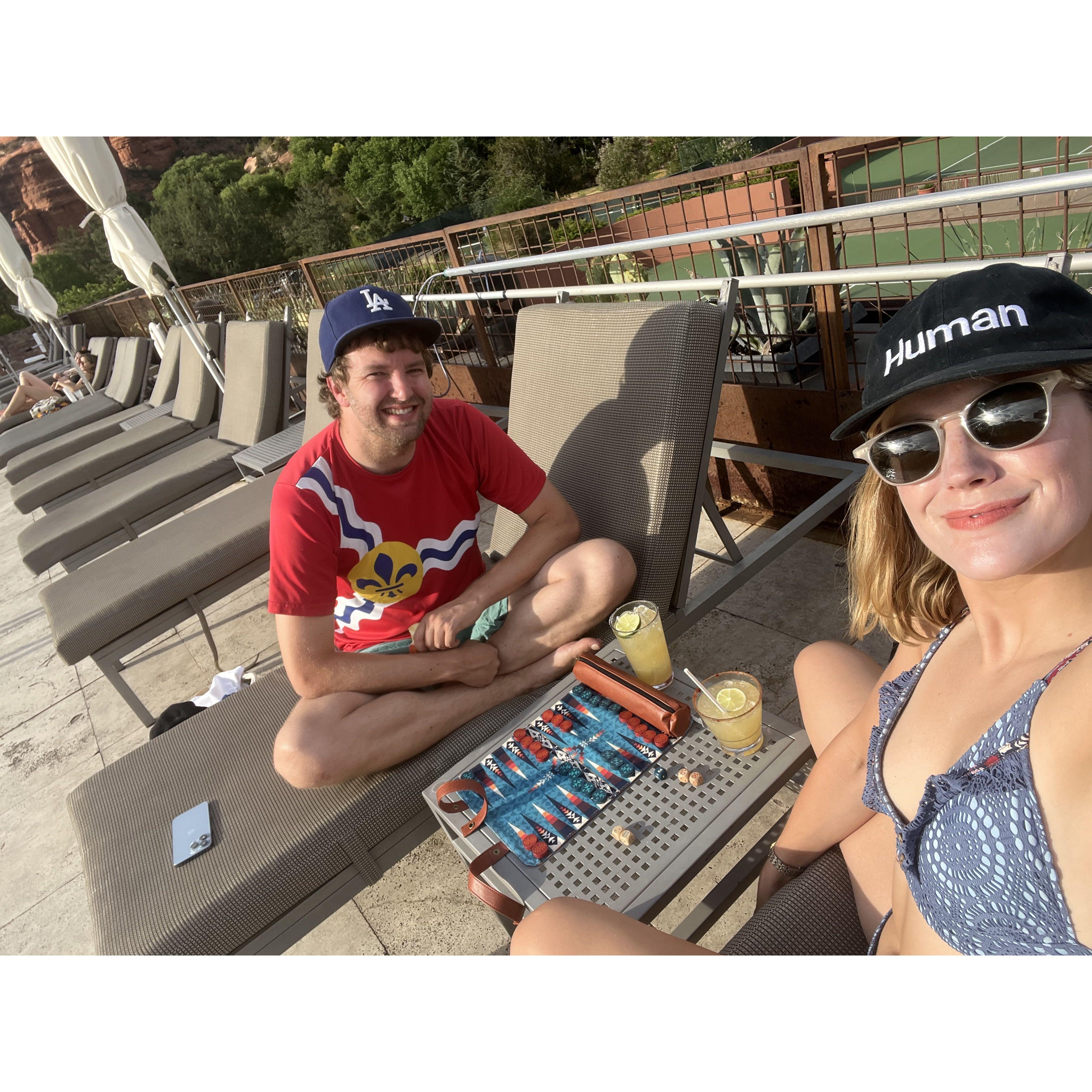 They love backgammon and spicy margaritas. They play games everywhere they travel.