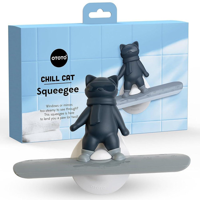 OTOTO Chill Cat Squeegee - Cute Kitchen Accessories, Cute Bathroom Decor, Black Bathroom Accessories, Shower Accessories, Shower Squeegee for Glass Doors, Small Bathroom Squeegee, Cat Gifts