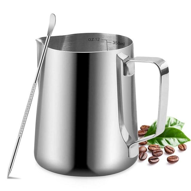 Milk Frothing Pitcher - 12oz/350ml Milk Frother Cup Stainless Steel Jug Steaming Pitcher, Milk Coffee Cappuccino Latte Art Barista Steam Pitchers Milk Jug Cup with Decorating Pen