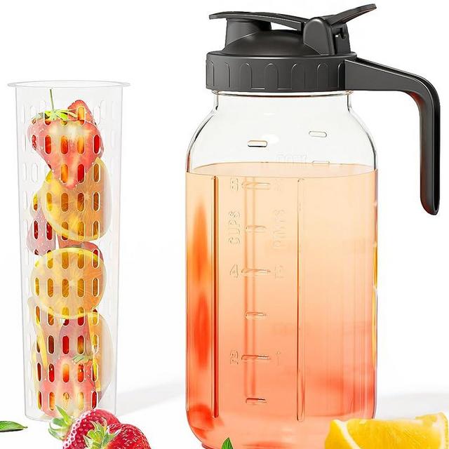 64oz Glass Pitcher with Fruit Infuser, 2 Quart Wide Mouth Mason Jar Pitcher with Airtight Flip Top Lid, Leakproof Fridge Door Water Jug for Iced Sun Tea, Juice Making - Black