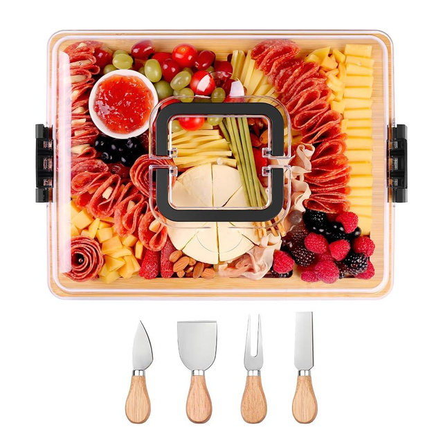 CAWIU Charcuterie Board with Lid and Handle - Portable Travel Design Bamboo Cheese Board Set with 4 Cheese Tools, Gift for Housewarming, Weddings, Picnics (8 Compartments, Black)