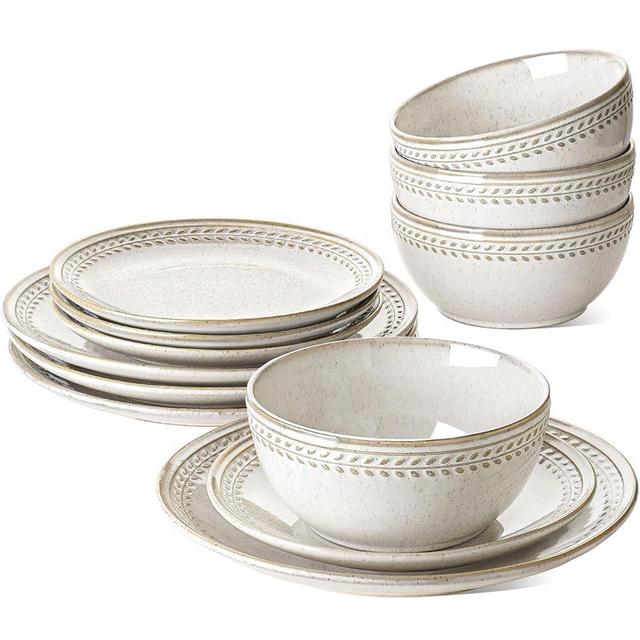Dinnerware Sets for 4, 12 Piece Ceramic Dish Set with Plates and Bowls | Oven/Dishwasher/Microwave Safe | Ideal for Housewarming | Reactive Beige (10" Plate+8" Dish+27oz Bowl)