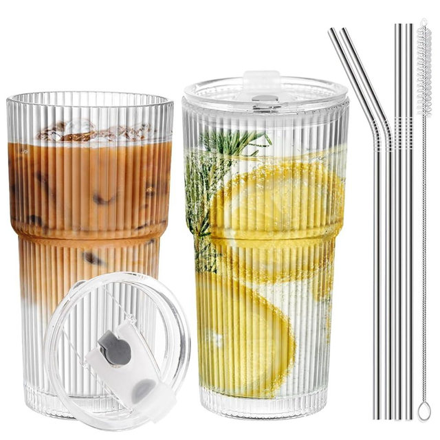 RÉΑLWÁY Iced Coffee Cups with Lids and Straws，20 OZ Glass Cups with Lids and Straws, Clear Ribbed Glass Tumbler Reusable Drinking Glasses for Matcha, Smoothie, Cocktail,Latte, 2 Pcs
