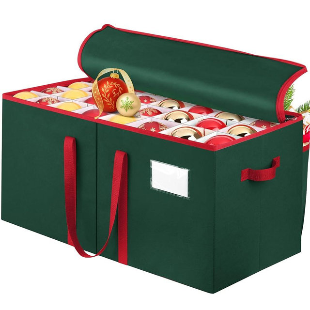 SeasonBliss Christmas Ornament Storage Box, Holds Up to 128 Ornaments with Adjustable Dividers, Large & Sturdy Holiday Decoration Ornament Organizer Storage Bin with Zipper and Handles, Green