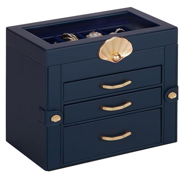 Enthralite Jewelry Box with 3 Drawers: Display Organizer for Earrings Necklaces - Gift for Girls Women (Dark Blue)
