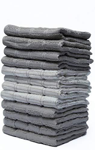 HOME LABELS TRANSFORM YOUR LIVING Kitchen Towel 12 Pack, 15" x 25" Cotton, Machine Washable Extra Soft Set of 12, 3 Designs Dobby Weave Kitchen Dish Cloths, Tea Towels, Bar Towels, Grey