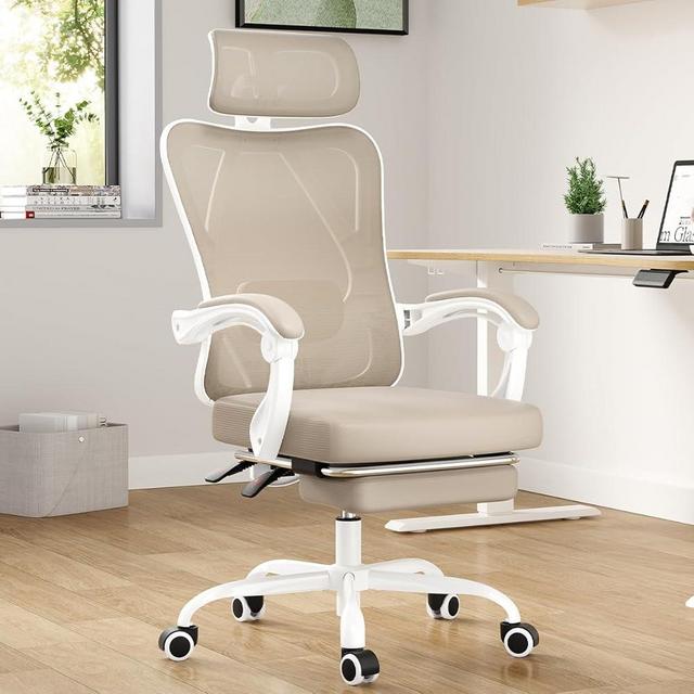Farini Ergonomic Office Chair with Footrest, Mesh Office Desk Chair with Headrest, High Back Computer Chair with Adjustable Lumbar Support.for Home Office Study Room Bedroom (Khaki)