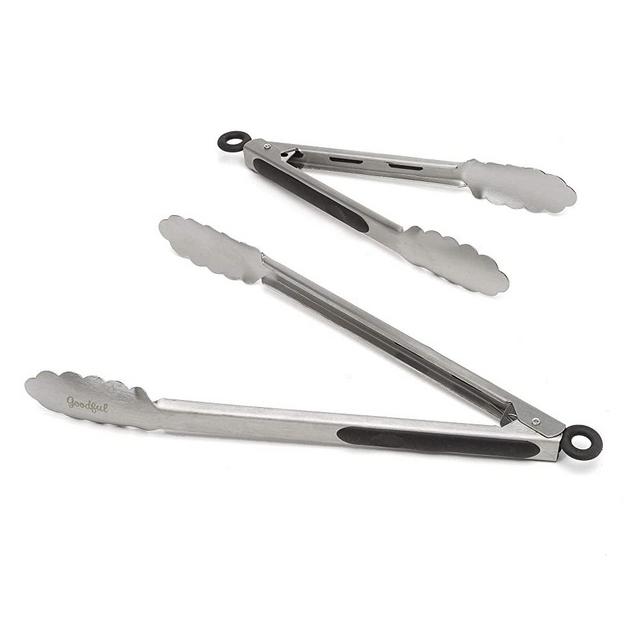 Goodful Tools Stainless Steel Set of 2, Locking Kitchen Grilling Tongs with Soft Touch Inset Handles, Dishwasher Safe, 9" and 12", Black, Set