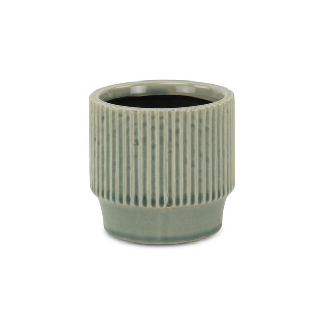 HomeRoots Green Ceramic 35 Ounce Striped Round Distressed Pot Planter