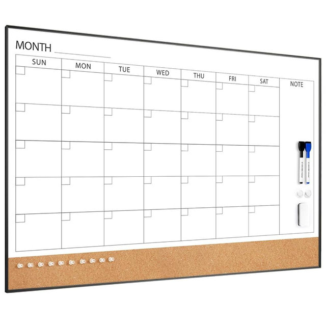 ARCOBIS Dry Erase Calendar with Cork Board for Wall, 36"x 24" Magnetic Calendar Whiteboard with Black Frame, Monthly Combination Board for School, Home, Office