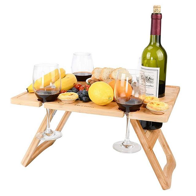 Tirrinia Outdoor Wine Picnic Table, Large Folding Portable Bamboo Snack & Cheese Tray with 4 Wine Glasses Holder & Adjustable Wine Glass Holder for Concerts at Park, Beach, Ideal Wine Lover Gift