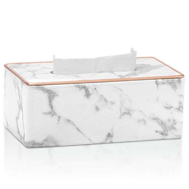 MEIBOOCH Tissue Box Cover Stylish PU Leather Rectangular Tissue Box Holder with Magnetic Opening for Bathroom Bedroom or Office (White Marble Pattern with Rose Goldn Border)