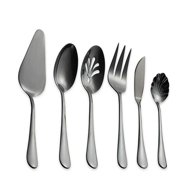 Berglander Stainless Steel Black Titanium Plated Flatware Serving Set 6 Pieces, 5 Serving Pieces of 45 Pieces Flatware With 1 Cake Server, Black Serving Silverware Set (Shiny Black)