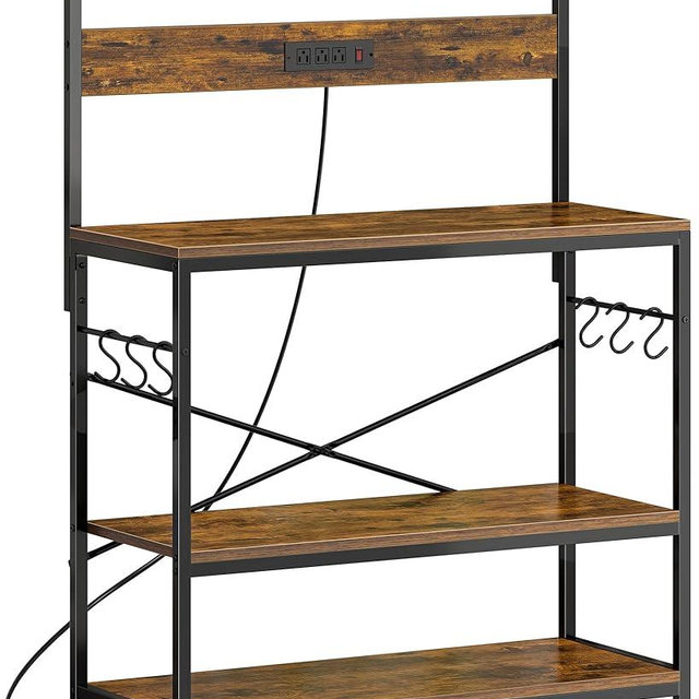 SUPERJARE Bakers Rack with Power Outlets, Microwave Stand, 39.4 X 14.3 Inch Larger Desktop, Kitchen Storage Rack with Adjustable Middle Shelf, 6 S-Shaped Hooks, Coffee Bar Stand, Rustic Brown