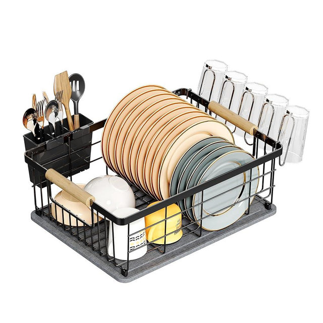 IBEDMAZIE Dish Drying Rack Black with Diatomaceous Earth 1 Tier,Multifunctional Dish Racks for Kitchen Counter Quick-Drying,Large Capacity Space Saving with Cutlery Cups Holder