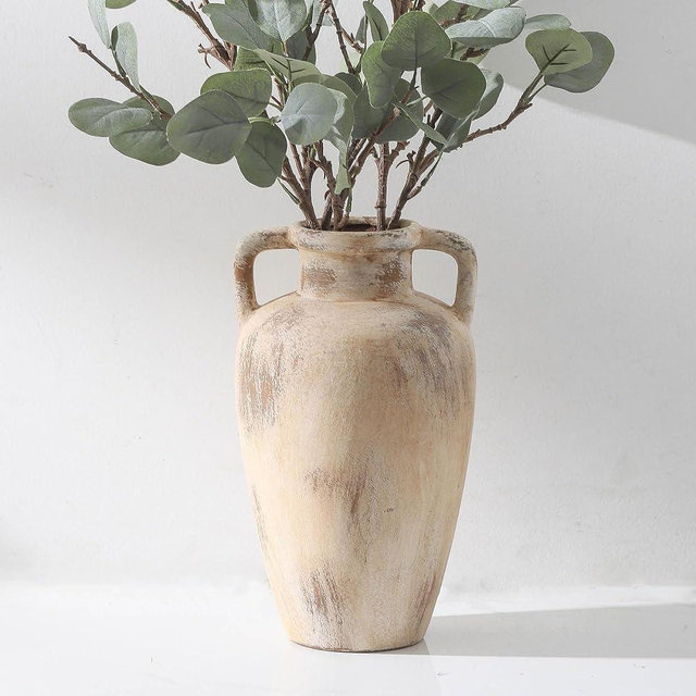 Lyeec Large Ceramic Flower Vase,11.41 inch Tall Terracotta Farmhouse Rustic Vase with 2 Handles for Home Decor, Living Room Shelf Decor, Enterway, Wedding, Table Decoration