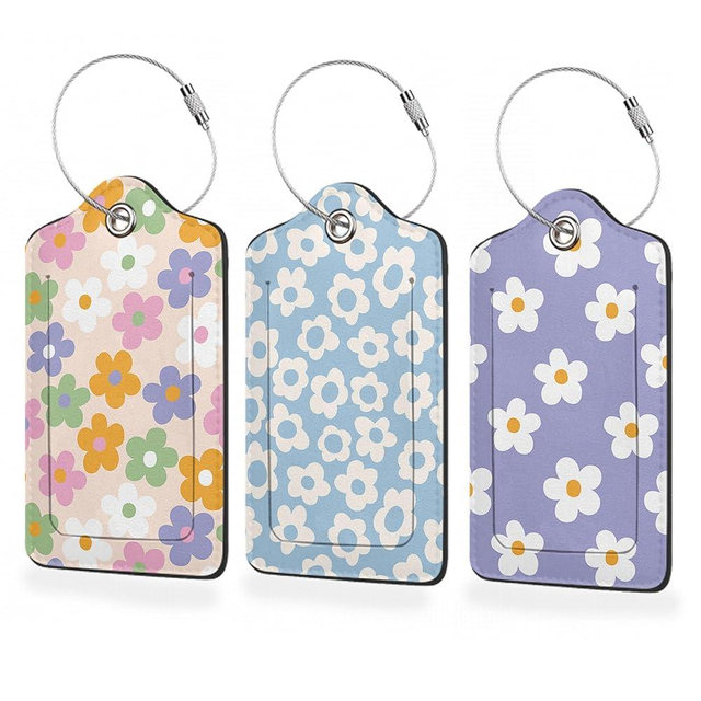 3 Pack Luggage Tags,Leather Suitcase Tags with Privacy Cover Name Address Labels& Durable Steel Loop for Men/Women Travel Bag Suitcases(Vintage Groovy Flowers)