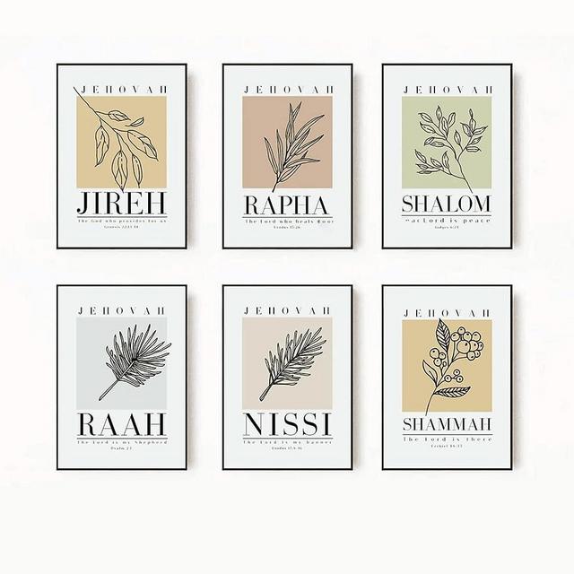 Bible Wall Art Print Set of 6 Christian Scripture Wall Art Decor Jehovah Jireh Rapha Shalom Shammah Nissi Raah Wall Art Bible Verse Poster Modern Minimalist for Living Room Bedroom 8x10 Inch UNFRAMED