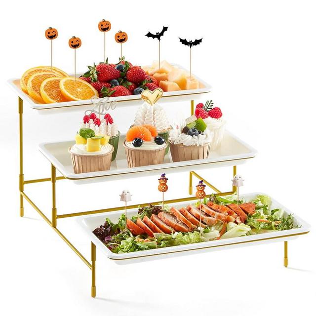 Lifewit 3 Tier Serving Tray for Party Supplies, 12" x 6.5" Plastic Platters for Serving Food, White Reusable Trays with Gold Mental Display Stand for Veggie, Fruit, Cookies, Dessert