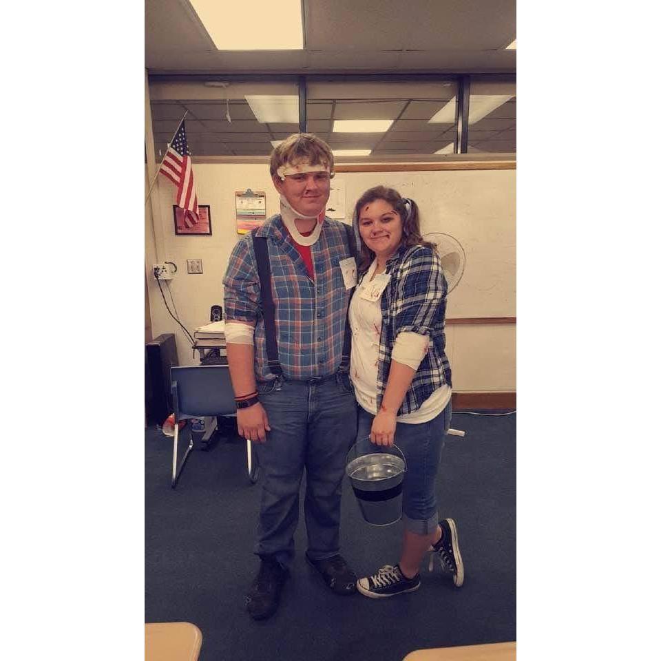 In high school, they use to allow us to dress up for Halloween. Trevor and I went as Jack and Jill and we won that year!
