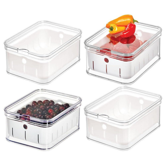 iDesign Small Fridge Berry Bin with Removable Colander Basket and Lid - Set of 4 - Clear/White