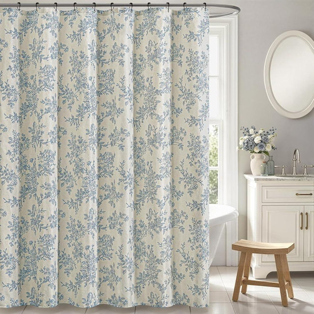 Slozzi Linen Blue Floral Toile Shower Curtain, Linen Textured Fabric with 12 Rustproof Metal Hooks, Wrinkle Resistant Cloth Machine Washable Bathroom Decor for Cottage Core Style, W72* L72