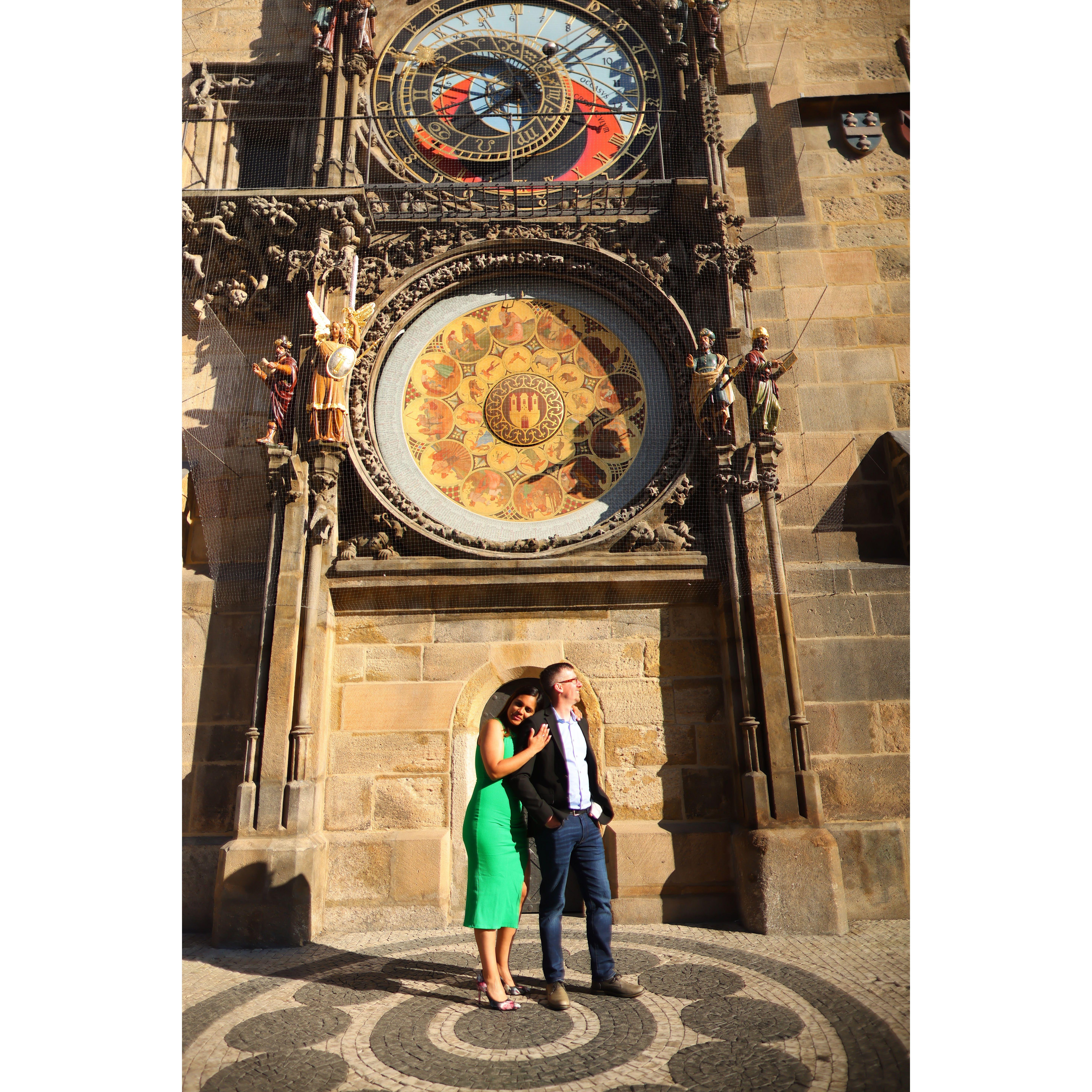 Posing by the Astronomical Clock, the oldest working clock in the world.