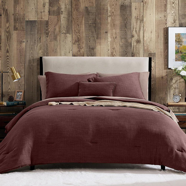Geniospin King Comforter Set - 7 Pieces Comforter King Size, Soft Solid Bedding Set for All Season, Textured Bed in a Bag with Sheets, Pillowcases & Shams (Burgundy, 102''x90'')